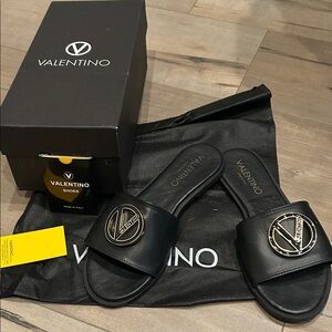 Valentino Black Slide Sandals with Logo Emblem